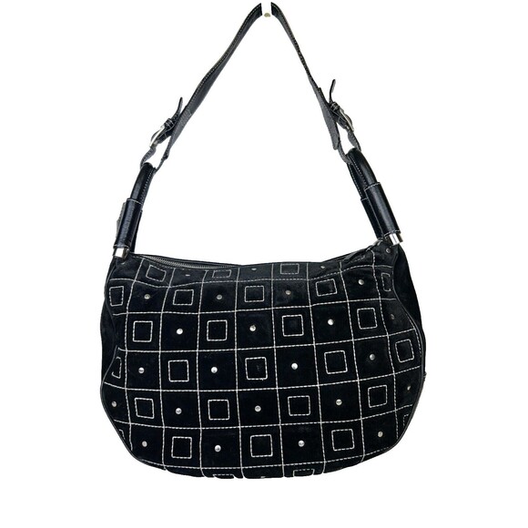LAMBERTSON TRUEX Black Suede Shoulder Bag White Geo Stitching Studs Vintage - Picture 1 of 16